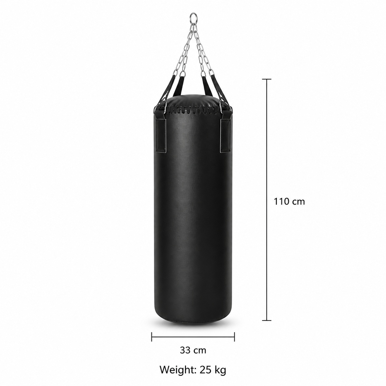 Black 25kg hanging punching bag suspended from a chain, showing the full cylindrical body and top strap assembly