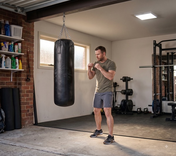Man throwing a punch at a hanging punching bag during a home training session