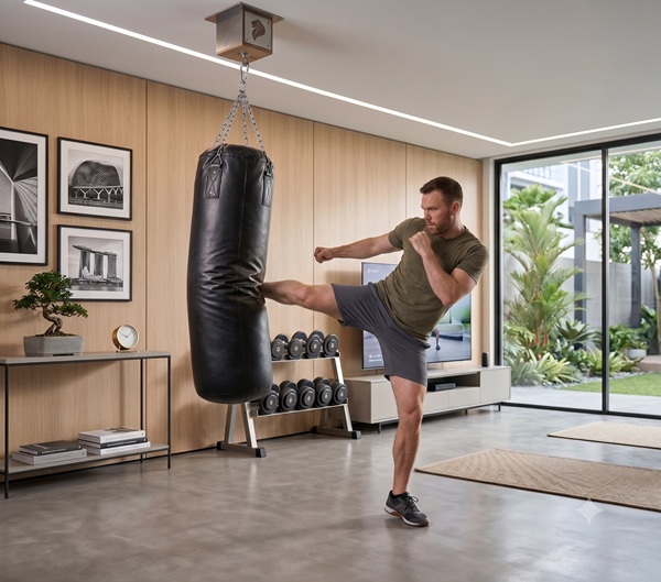 A training session on the hanging punching bag at the Punchbag.sg showroom